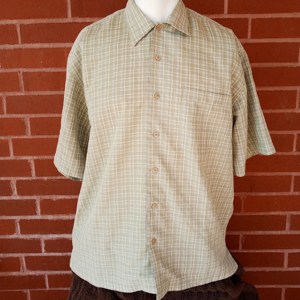 Haggar- Mens Short Sleeve Green and White Plaid